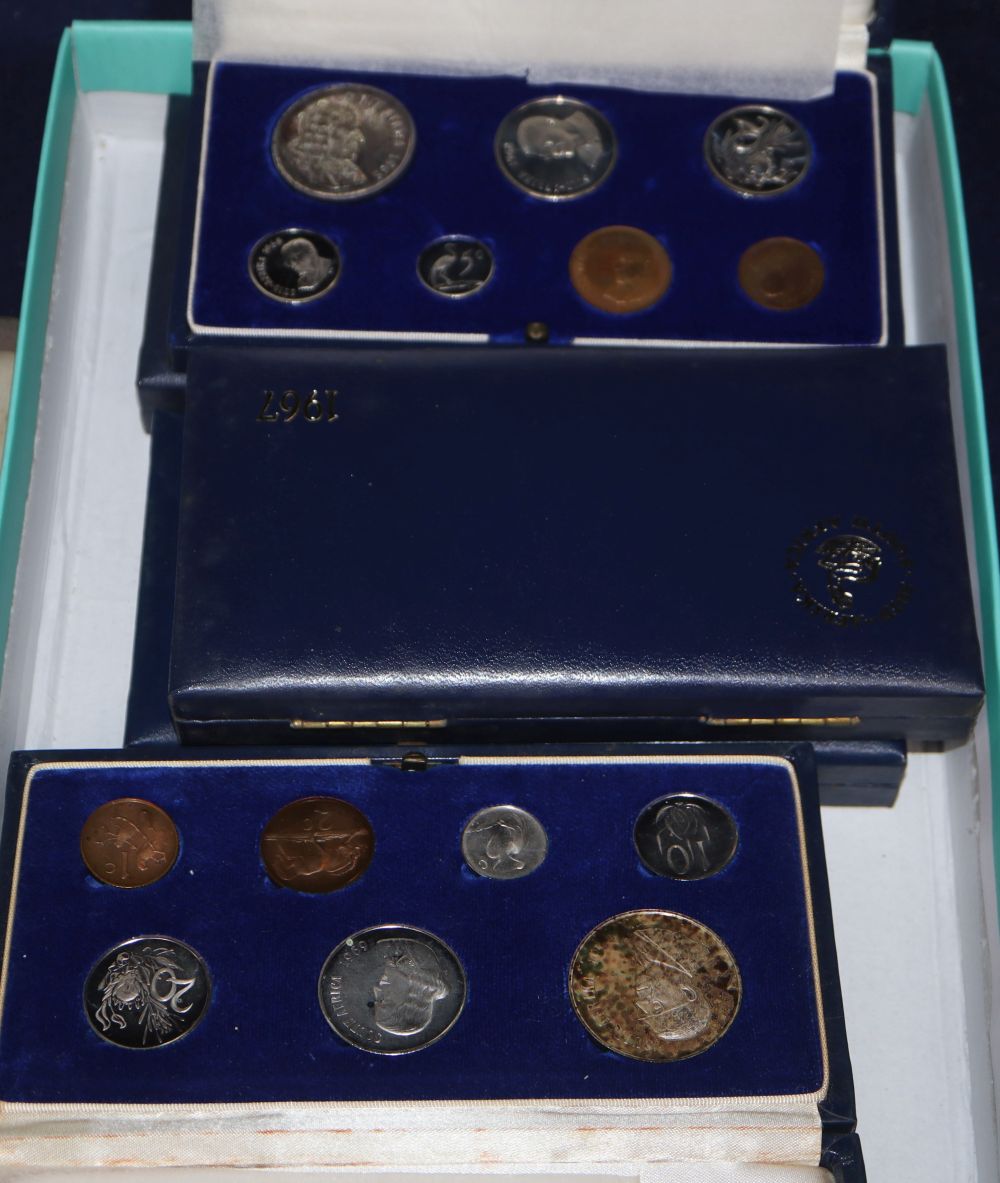 A group of South African seven coin boxed proof sets, 1 rand to 1 cent 1965, 66 67 68 69